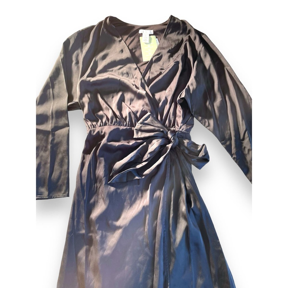 NWT H&M Satin Maxi Wrap Front Long Sleeve Oversize Relax Dress Women's Black S - Picture 6 of 12